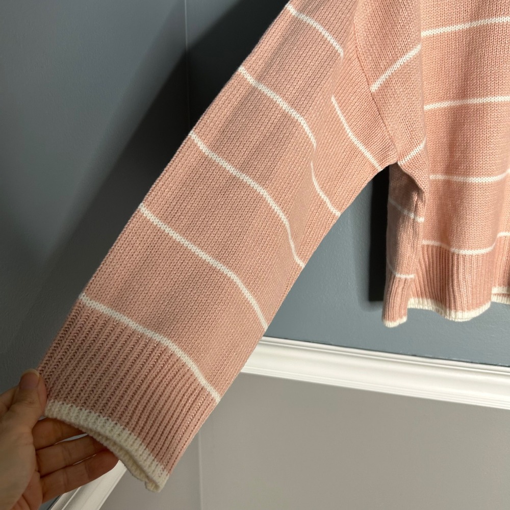 INDUSTRY Pink White Stripe oversized knit Sweater Casual Cropped Pullover Women - Picture 2 of 7
